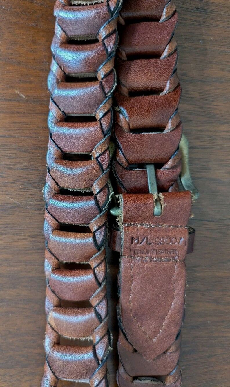 Vtg 90s Braided Ladder Box Woven Leather Belt Brown Brass Buckle Preppy Classic - Picture 6 of 10